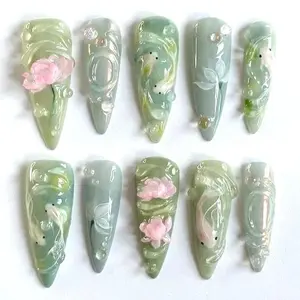 J33 Nailed by Vibe - Green Pastel Oriental Inspired Press-On Nails, Soft Flowing 3D Texture, Handcrafted Artistic Nail Design, Reusable Custom Nail Set, Reusable Designer Nails, Gift for Her