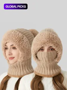 Women's Solid Color Pom Pom Decor Beanie Hat, Casual Warm Thickened Knit Hat for Fall & Winter, Fashion Accessories for Women & Girls