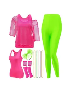 12pcs set 80s Fancy Dress for Women mesh T-Shirt Adult yoga legging Lace Headband Neon Fishnet Gloves Bracelet workout pant suit