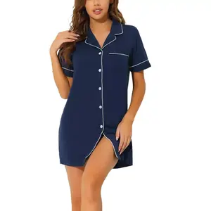 cheibear Women's Notched Collar Thigh Length Button Down Pajama Shirt Dress with Pocket X-Large Blue