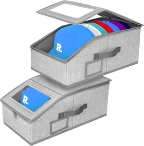 Hat Storage for Baseball Caps,2 PCS Stackable Hat Storage Boxes holds up to 24 Caps Hat Organizer for Closet, Sturdy Snapback Hat Boxes for Women&Men with Clear Window for Closet, Grey