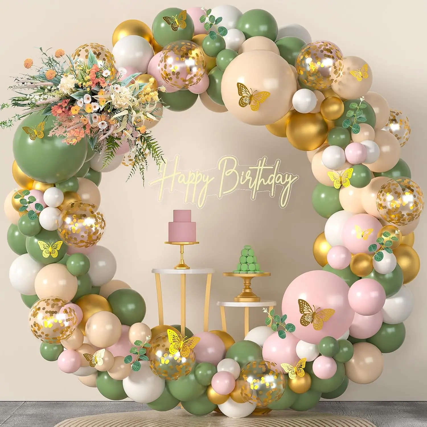 153Pcs Green and Pink Balloon Garland Kit with Blush, White, Gold Balloons, Eucalyptus Leaves & Butterflies for Baby Shower, Birthday, or Party Decor