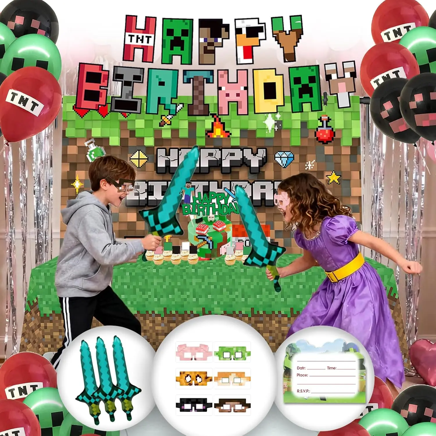 73 count Pixel Birthday Party Decorations for Boys, Pixel party supplies Kit, Gaming-Themed Birthday supplies Set including Banner, Tablecloth, Sword Foil Balloons, Cupcake Toppers.