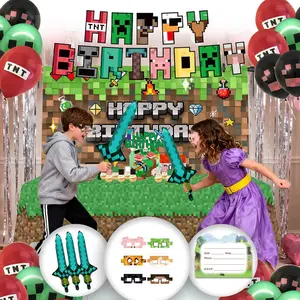 73 count Pixel Birthday Party Decorations for Boys, Pixel party supplies Kit, Gaming-Themed Birthday supplies Set including Banner, Tablecloth, Sword Foil Balloons, Cupcake Toppers.