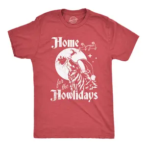 Mens Home for The Howlidays T Shirt Funny Xmas Howling Wolf Tee for Guys Mens Funny T Shirts Cool Vintage Fashion T-Shirt Gift Classic Menswear Christmas Apparel for Men Funny Sarcastic Short Sleeve Novelty Red -