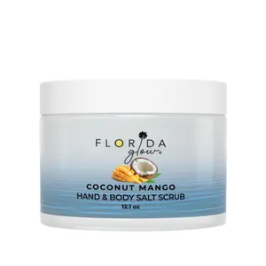 Florida Glow Coconut Mango Salt Scrub – Exfoliating Face & Body Scrub with Marine Algae, Hydrating Skin Polish for Smooth Glowing Skin, Dead Skin Remover, Tropical Scent, 12.1oz