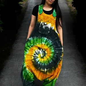 Handmade Cotton Low Crotch Nepal Dungaree Overalls with Adjustable Buttons and Kangaroo Pockets - Multicolor Tie Dye
