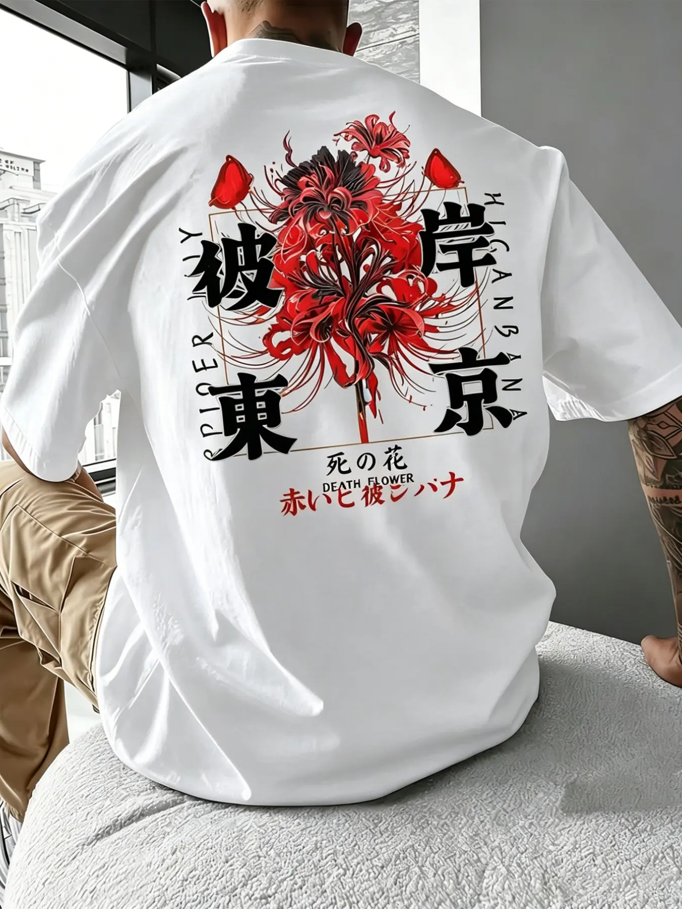 Men's Oversized Japanese Spider Lily Floral Graphic T-shirt - Soft Cotton Breathable Drop Shoulder Streetwear Tee, Tokyo Dark Aesthetic Back Print Casual Short Sleeve for Urban Daily Wear