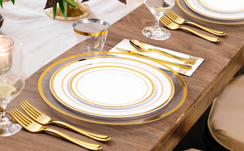 15 Pack Reusable Plastic Clear Charger Plates with Gold Rim, 12-Inch, for Dinner, Wedding, Party, Event Table Decoration, Clear&Gold
