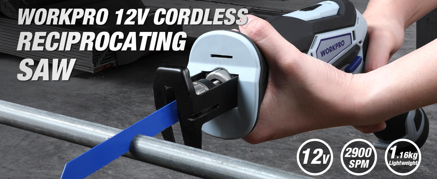 WORKPRO 12V Cordless Reciprocating Saw with Clamping Jaw, 2.0Ah Li-Ion Battery with 1 Hour Fast Charger, Variable Speed and Tool-Free Blade Change, 3 Saw Blades for Wood & Metal Cutting WORKPRO 12V Cordless Reciprocating Saw with Clamping Jaw, 2.0Ah Li-Ion Battery with 1 Hour Fast Charger, Variable Speed and Tool-Free Blade Change, 3 Saw Blades for Wood & Metal Cutting