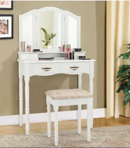 Simple Vanity Set with Tri-Folding Mirror Drawers and Storage Shelf