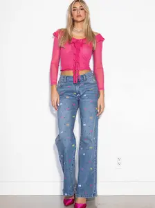 [XPT084] Mid rise wide ribbon print rhinestones