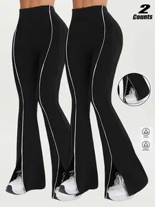 Women's High-Waisted Slim-Fit Flare Pants, Fashionable Split Hem Design, Trimmed Casual Running Fitness Streetwear, Shaping Leggings