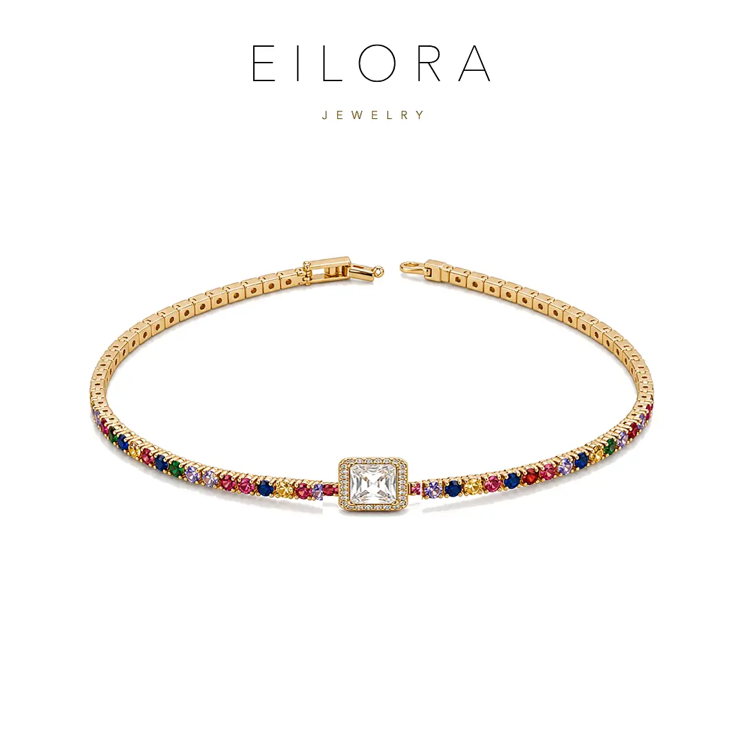 EILORA Gold Rainbow Crystal Tennis Bracelet for Women, Dainty Multicolor Rhinestone Bracelet with Clear Center Stone