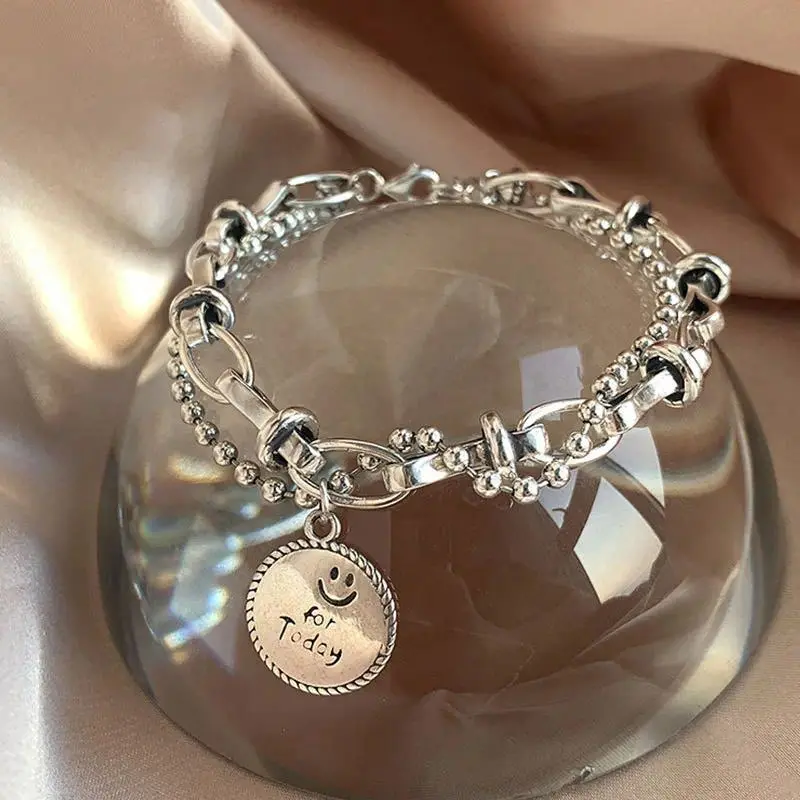 Female Double-Layered Chains Bracelet - Smiley Face Round Tag Pendant Bangle, Casual Party Sports & Outdoor Protective Gear Accessory