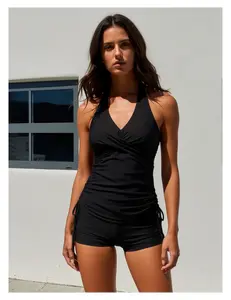 Women's Tankini Swimsuit - Halter Top Tummy Control Bathing Suit, Twist Front Swim Top with Full Coverage Bottom for Beach, Pool, Vacation Black