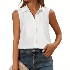 Women's Sleeveless Button Down Blouse, Solid V Neck Classic Collared Tank Top, Casual Work Office Chiffon Shirt