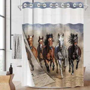 1PC 2D Flat Five Horses Galloping Pattern Double-Layer Woven Shower Curtain (No Hooks), Transparent Top Window, Removable Lining with Clips, Modern and Unique Home Bathroom Partition Art Decoration, Bathroom Decor, Holiday Decoration, Bathroom Curtains