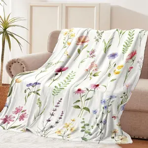 Super Soft Flannel Throw Blanket, Botanical Floral Print, Lightweight & Fluffy, Perfect for Bedding & Sofa, Contemporary Style
