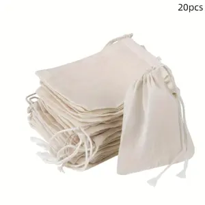 20pcs Muslin Drawstring Bags Set - Natural, Unbleached for Coffee, Tea, Broth & Spices - Tea Infuser - Versatile Kitchen & Dining Essentials (2 Sizes)
