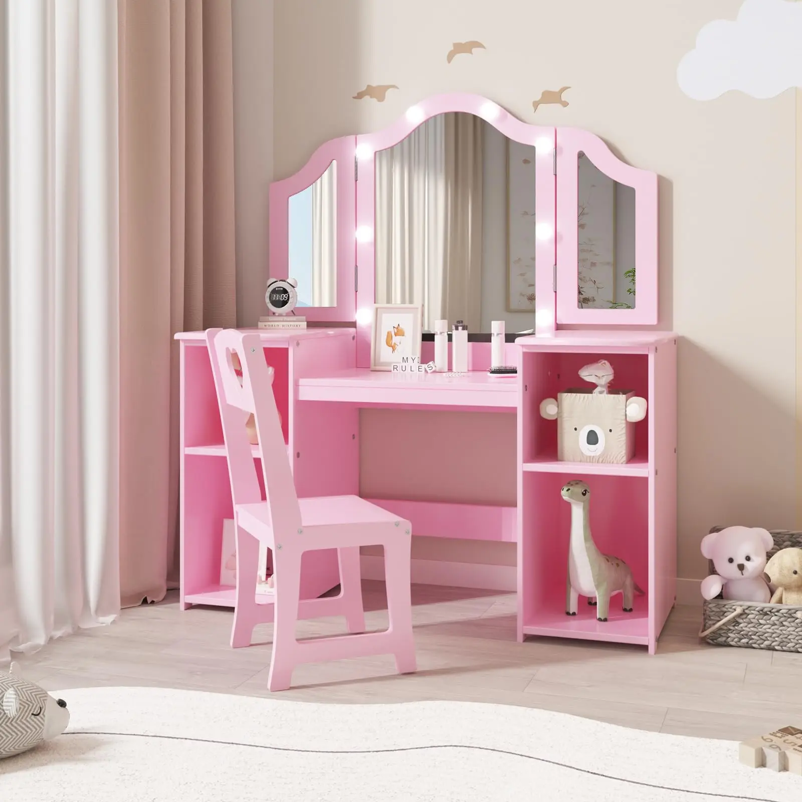 【GARVEE】Princess Vanity Table & Chair Set with 2-in-1 Design, Touch Light, Detachable Tri-Folding Mirror, Open Storage Shelves, Wood Makeup Playset, Easy Assembly, Pink