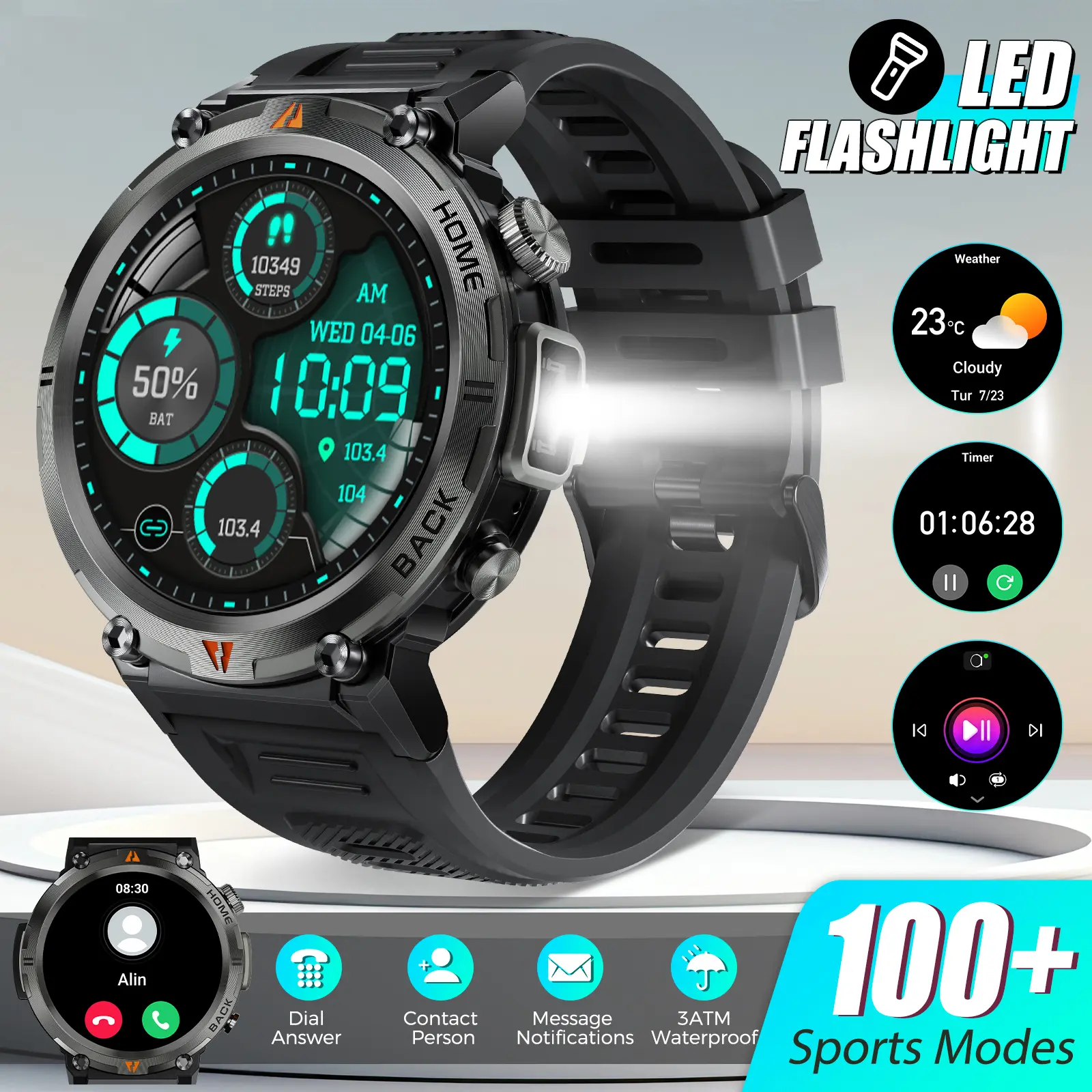 Smart Watch for Men with LED Flashlight, Wireless Dial & Answer Calls, 3ATM Waterproof Outdoor Rugged Sport Watch, 100+ Sports Modes Multifunctional Recorder with Pedometer, 1.45" HD Screen Smartwatch Compatible with Android iOS Phones