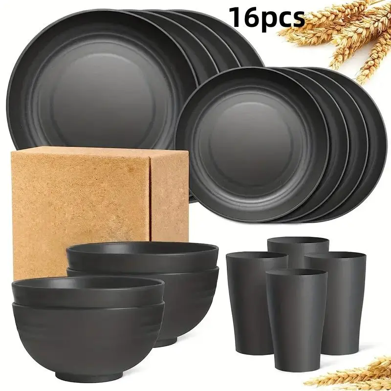 16pcs Unbreakable Dinner Plates, Wheat Straw Dinnerware Service Set, Kitchen Tableware, Microwave Dishwasher Safe, Reusable Dinnerware, Dishware Sets, Black Set 8pcs Plates, 4pcs Bowls, 4pcs Cups, Modern Tableware Sets