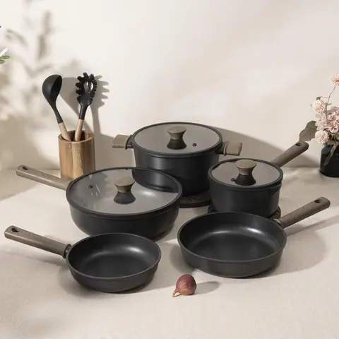 Astercook 18-Piece Non-Stick Aluminum Cookware Set - Modern Anti-Adhesive Easy-Clean Flat Bottom Kitchen Supplies for Induction Use, Thermal, Oven-Safe, High-Temperature Resistant, Elegant Wooden Handles (Frying Pan, Stew Pot, Steamer), Non Stick Cookware