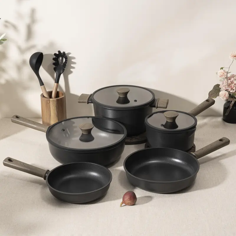 Astercook 18-Piece Non-Stick Aluminum Cookware Set - Modern Anti-Adhesive Easy-Clean Flat Bottom Kitchen Supplies for Induction Use, Thermal, Oven-Safe, High-Temperature Resistant, Elegant Wooden Handles (Frying Pan, Stew Pot, Steamer), Non Stick Cookware