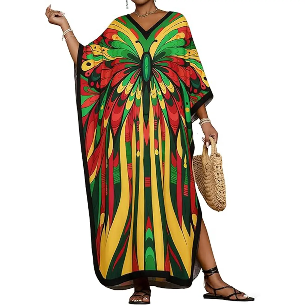 Bsubseach Women's Bohemian Floral Viscose Kaftan Dress, Plus Size Batwing Sleeve V-Neck Maxi, Casual Beach Cover Up, Maternity, Elegance, Evening, Fit, Party, Soft
