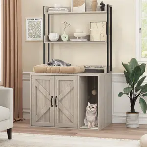 Modern Wooden Cat Litter Box Enclosure Cabinet – Stylish Hidden Cat House Furniture with Shelf – Discreet Litter Box Cover – Durable Cat Home for Indoor Use – White + Fiery Sunset Color