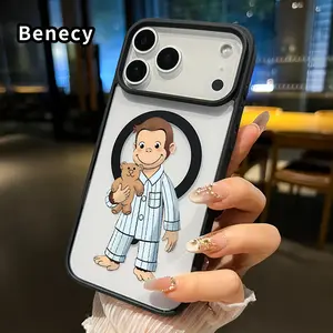 Magnetic Phone case for iPhone 17 16  Pro Max Plus 15 14 13 12 11 Air E Monkey's Teddy Hug Pattern Non-Yellowing Shockproof Soft Silicone Transparent Acrylic Cover Supports Wireless Charging