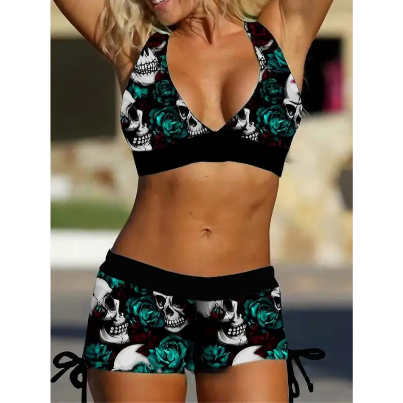 European And American Summer New Bikini, Skull Print, Neck Set Two-Piece Swimsuit, Women