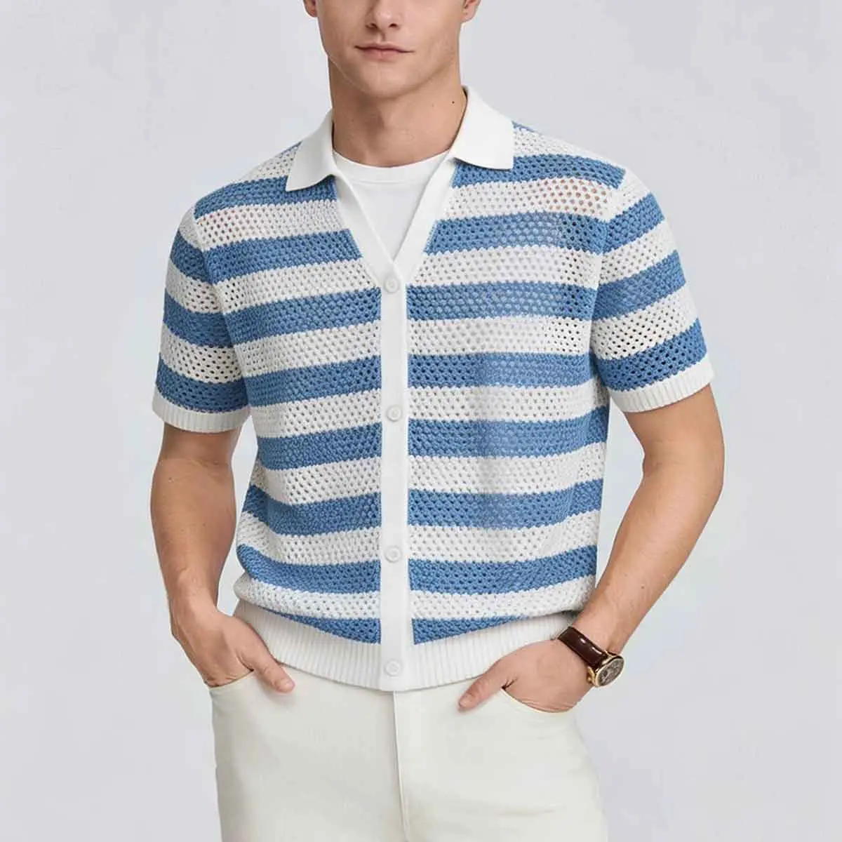 Mens Retro Openwork Knit Cardigan - Nautical Stripe, Camp Collar, Casual Chic Menswear Tops - For Vintage Coastal Style Fashion Enthusiasts, Shortsleeve
