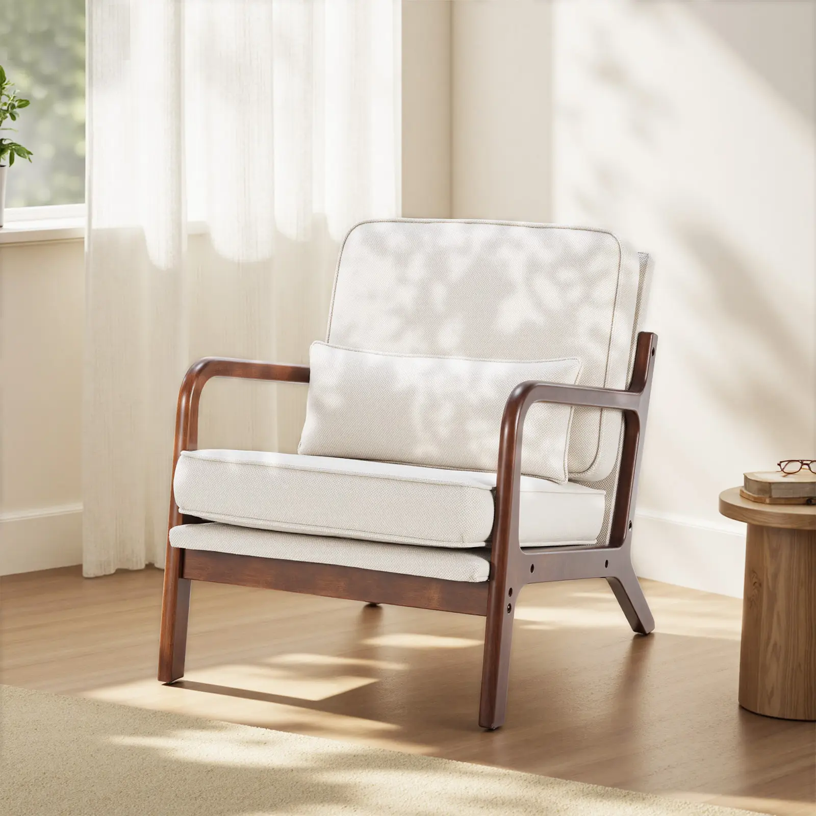 Mid-Century Modern 60s Style Real Wood White Accent Armchair with Arms, Waist Cushion and Solid Wooden Frame, Reading Chair for Living Room, Bedroom, 60S Style Armchairs, Real Wood Armchairs