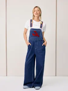 Denim Lobster Applique Contrasting Binding Straight Leg Jumpsuit