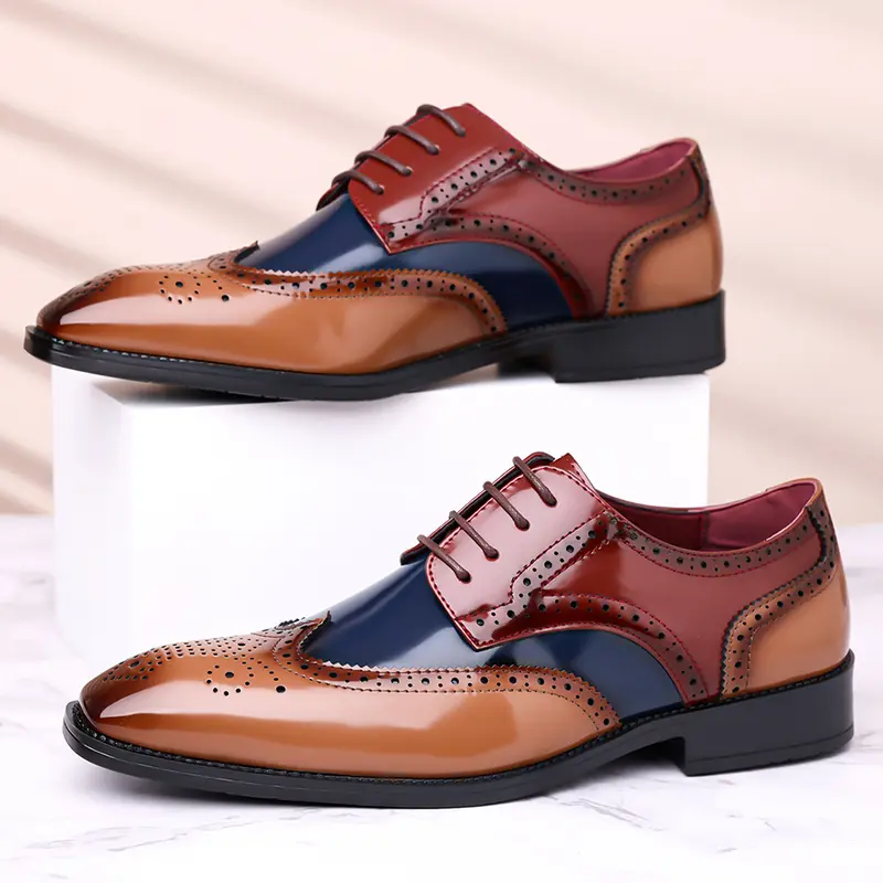 Men’s Wingtip Oxford Formal Business Shoes - PU, Japanese-Korean Retro Chic Style, Flexible Sole, Patent Leather Look, Brogue Detailing, Colorblock Lace-Up, Breathable Pointed Toe Ankle Footwear, All Seasons Plantar Fasciitis Support