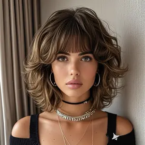 12-Inch Short Curly Wig with Bangs, Natural Look Synthetic Hair, Perfect for Daily Use and Parties, Heatless Styling Tool Type, Soft Curly Wig