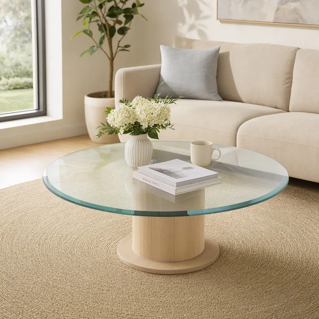 32 Inch Round Tempered Glass Table Top Clear 1/2 Inch Thick Beveled Polished Edge Coffee Table Top Replacement Glass for Living Room Dining Room Patio Office Furniture, Transparent Color Options, Tempered Glass Material, Product Dimensions: