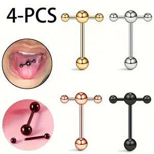 4PCS sexy Stainless Steel T-shaped Top Straight Barbell Tongue Ring Piercing Set Classic Door Lock Tongue Teaser Double Barbell With Ring Nipple Ring Body Piercing Jewelry Set