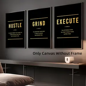 3Counts/Set Optional Frame Modern Black & Gold Motivational Wall Art, Unframed Art Print, Hustle Grind Execute Canvas Poster, Home & Office Decor, Home Decor Products