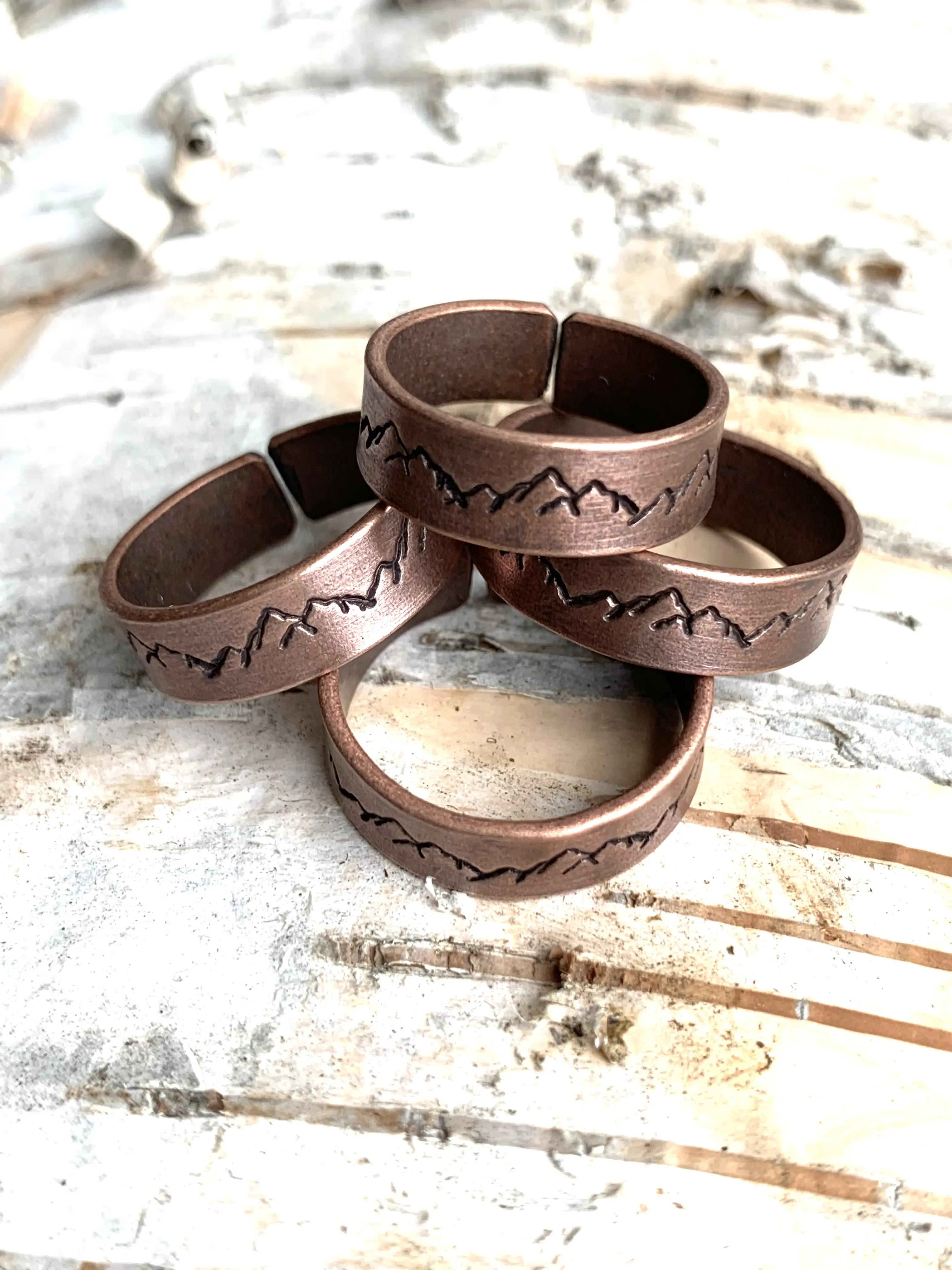 Hand Stamped Copper Mountain Ring - Earthy Style for Men and Women