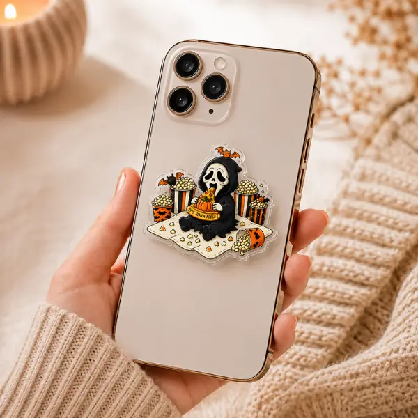 Ghostface Movie Night Pizza & Popcorn MagSafe Phone Grip, Cute Horror Movie Chibi PopSocket, Spooky Fall Snack Aesthetic Accessory, Halloween Fan Gift, TikTok Viral Merch