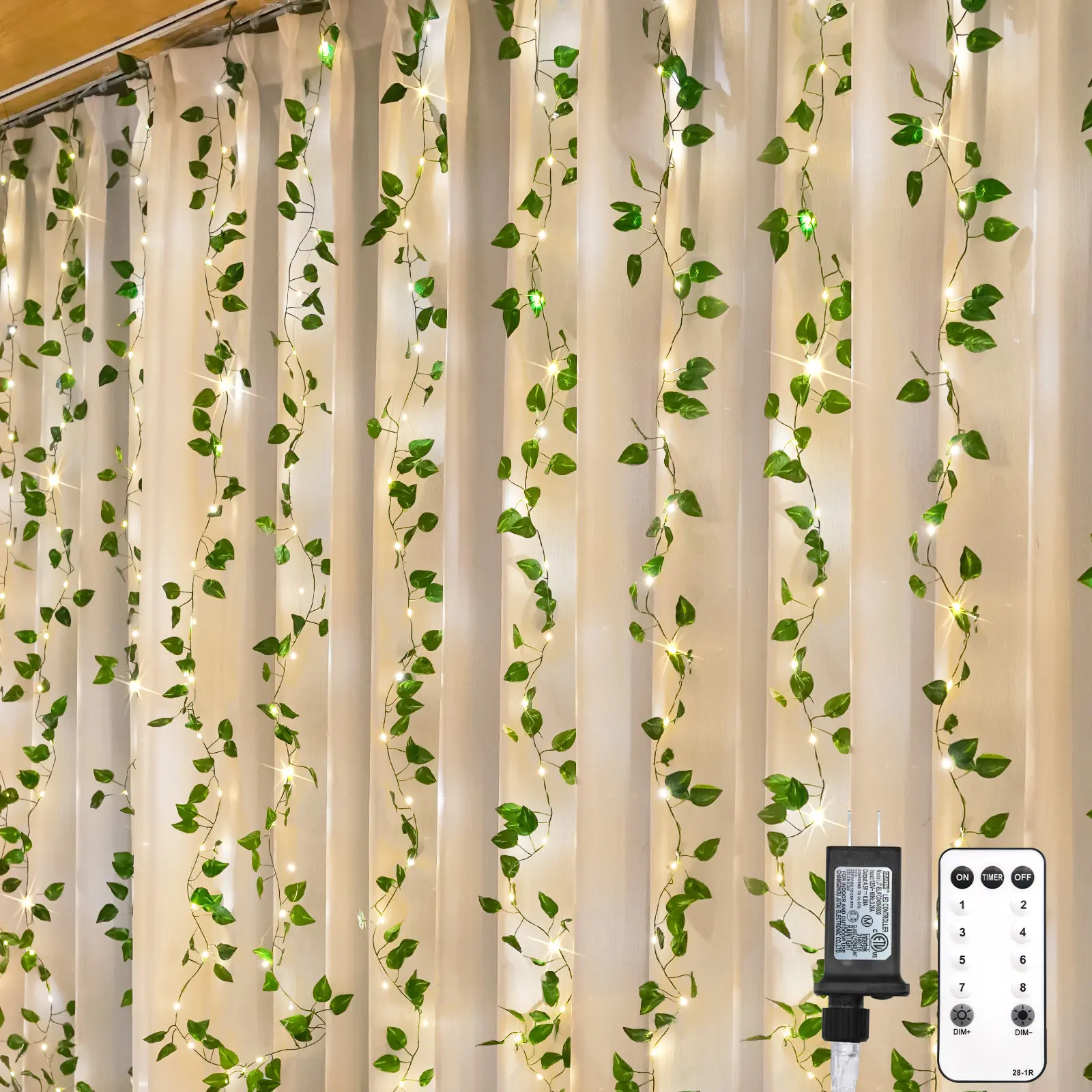 SUDDUS 200 LED Vine with Light, Plug-In, 6.5 ft x 6.5 ft Pothos Fairy Curtain Lights with Remote, Leaf Fairy Lights for Wall, Bedroom, Dorm, Wedding, Party, Indoor Decor (Warm White)
