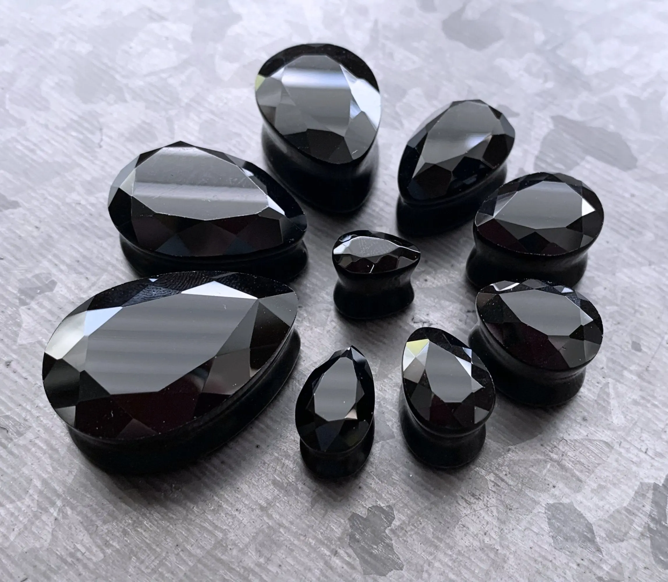 PAIR of Unique Faceted Black Glass Teardrop / Tear Drop Double Flare Plugs - Gauges 0g (8mm) up to 1" (25mm)