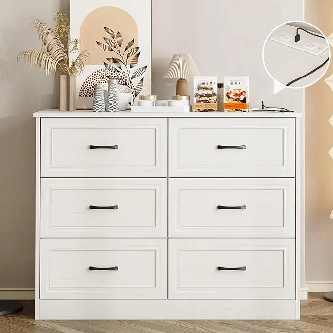 [SummerVibes] Vabches 6-Drawer Lockable Dresser, Modern Farmhouse Sturdy Wood Storage Cabinet with Metal Handles, Charging Station & Decor Items for Bedroom, Hallway