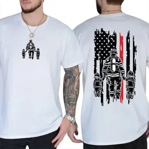 [100% Cotton] Firefighter With Kids T Shirt, Patriotic Firefighter Flag Graphic Tee, Double Sided Fire Rescue Shirt, Vintage American Flag Back Print Short Sleeve Tee, First Responder Gift For Firefighter Dad Men