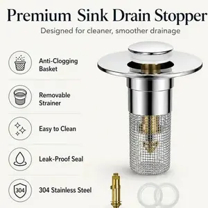 Universal Pop-Up Sink Drain Stopper with Stainless Steel Filter Basket Anti-Clog Debris Catcher Easy Install for Bathroom Kitchen, Multi-Function Pop-Up Plug, Washable Sink Filter Tool