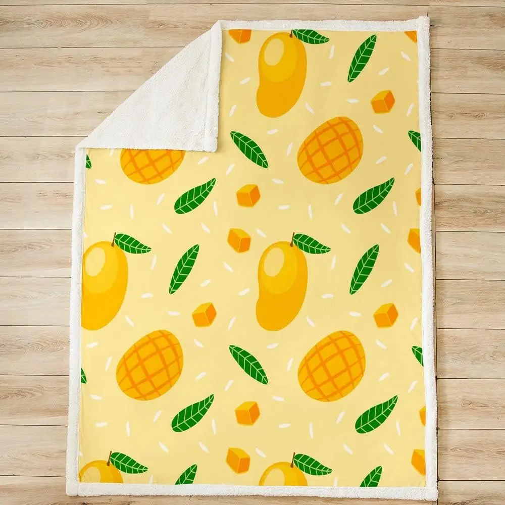 Feelyou Cartoon Mango Art Print Fluffy Sherpa 2-Sided Soft Fleece Flannel Warm Throw Blanket - Twin Size 60x80in Microfiber Cloth with Tropical Fruit, Botanical Leaves for Adults, Fluffy Blankets, Sherpa Blankets