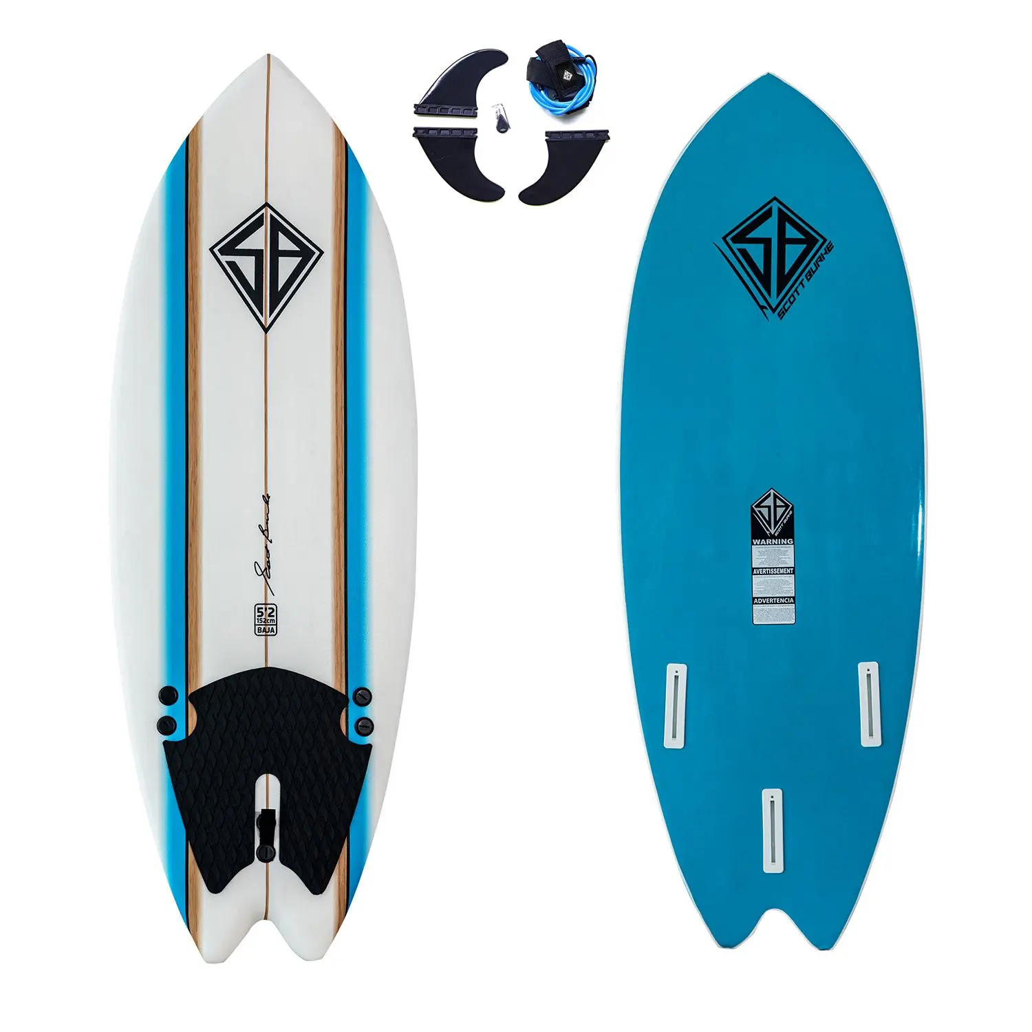 Scott Burke 5 ft-2 in Soft-Top Fish Surfboard with Fish Tail, Sturdy Rails, 22 in Dimensions, 6 lb Weight, Traction Pad, Leashes